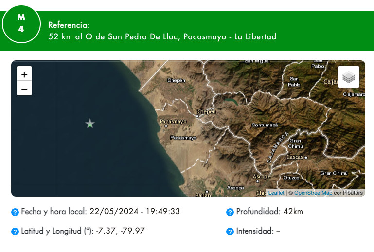Sismo de 4.0 en Pacasmayo/San Pedro de LLoc