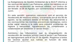 Cambio en el Horario de Recolección de Residuos en Las Palmeras Cambio en el Horario de Recolección de Residuos en Las Palmeras